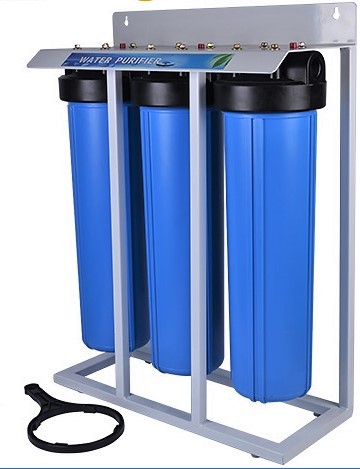 Whole House Filter (3) Big Blue 20"x4.5" 1"PR Sediment~KDF55-85/GAC,Catalytic Carbon/Bone Char Mounted on Stand 